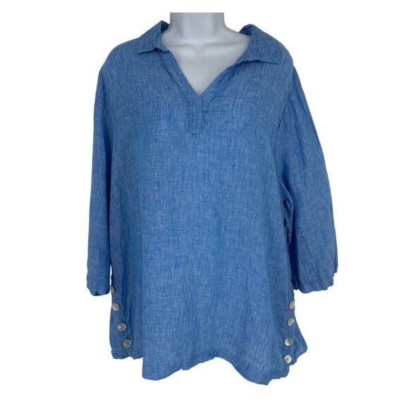 Tahari Womens 100% Linen 3/4 Sleeve With Side Buttons Blue Blouse Size 1X - Picture 1 of 11